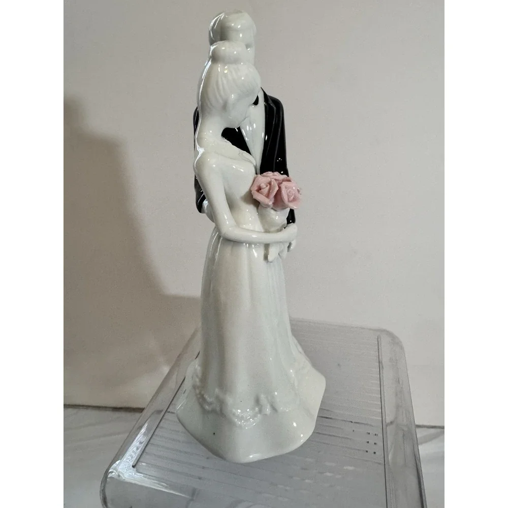 David Tutera Bride And Groom Wedding Cake Topper Ceramic Pink Rose Bouquet NEW